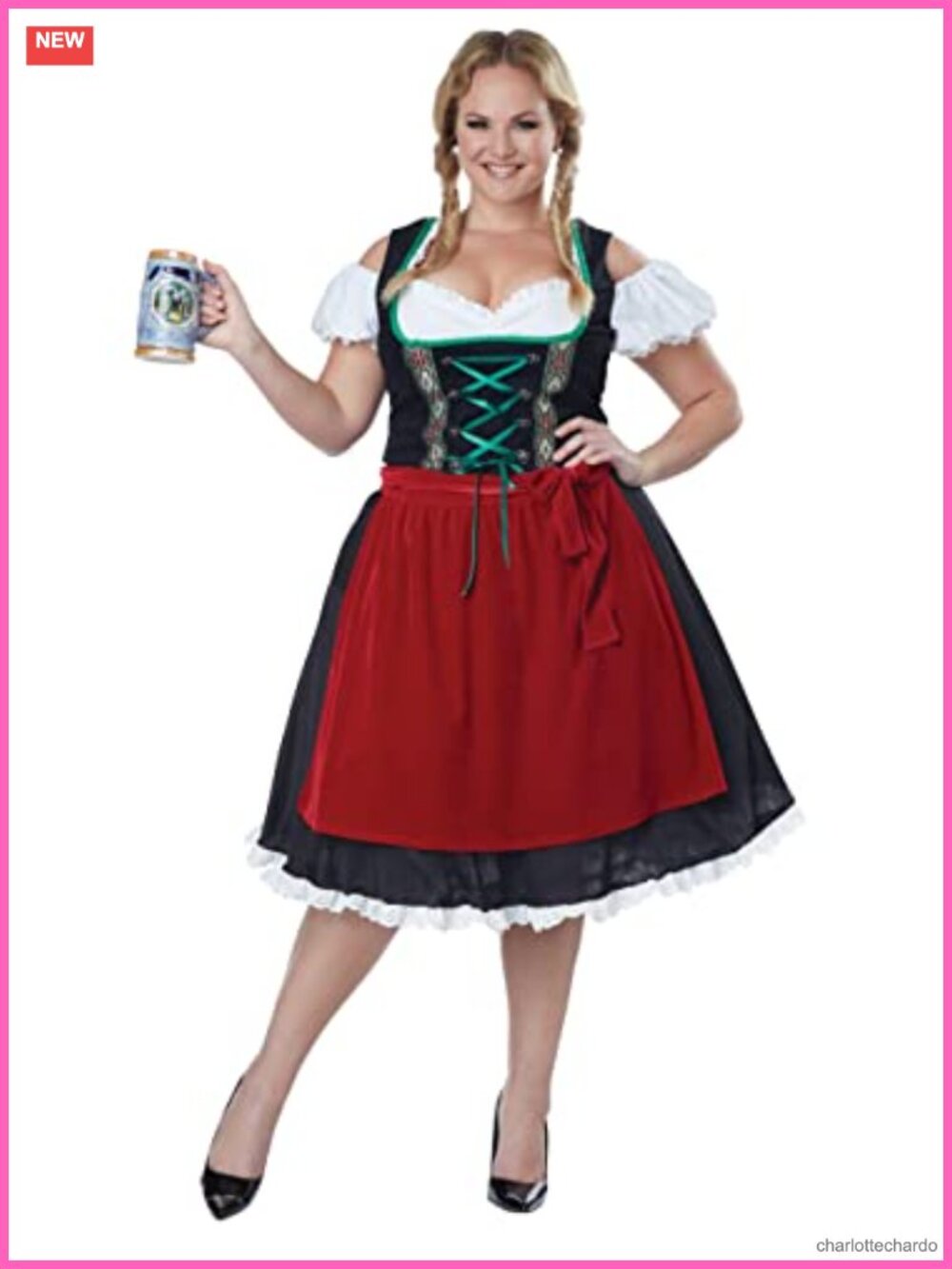 Plus Size Oktoberfest Costume Dress with Attached Corset, Apron & Pettiskirt, 3X